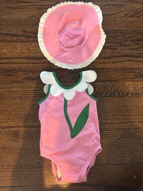 Pink Flower Swimsuit with Sun Hat